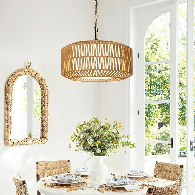 9"-52" Height Adjustable Farmhouse Chandelier Light Fixture, 5-Light Rattan Boho Chandeliers for Dining Room, Hand Woven Pendant Light with Linen Shade, Rustic Hanging Lighting for Kitchen Island