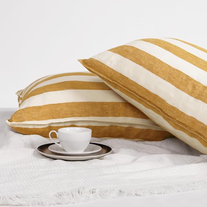 Striped Linen Pillow Cases Set of 2,20"x40" King Size,100% French Natural Flax Soft Linen Pillowcases,Yellow Stripe