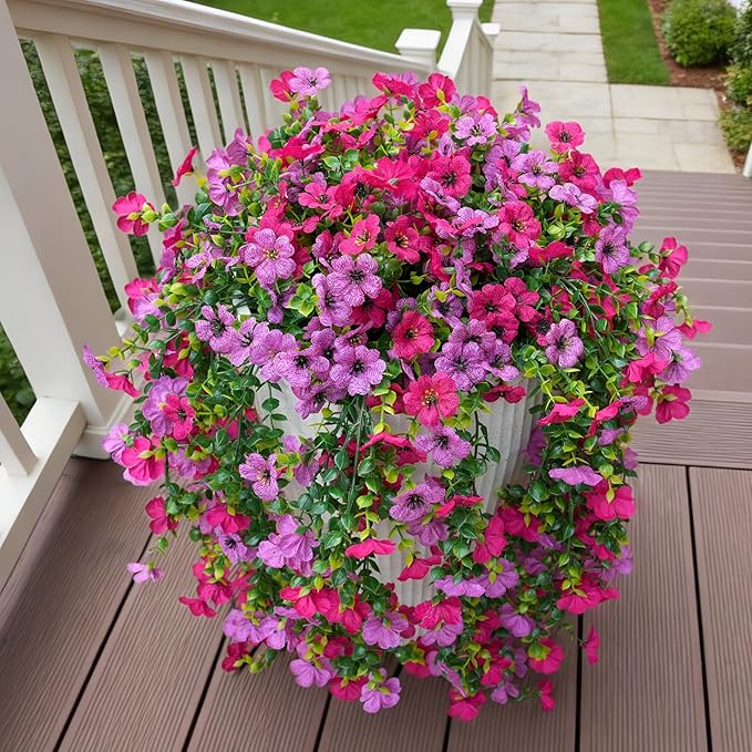 Fanfantoey 4Pcs Artificial Flowers for Outdoors, UV Resistant Fake Flowers, Realistic Artificial Hanging Flowers, Fake Plants Silk Daisy Vines for Spring Summer Outdoor Decor(Fuchsia,Hot Pink)