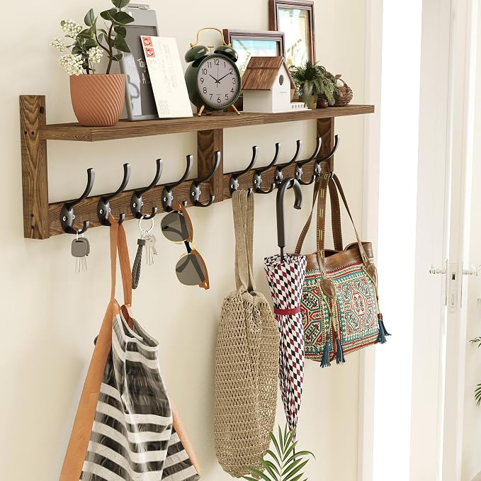 AMBIRD 34.2 inch Wooden Extra-Long Wall Hook Rack with Shelf - Versatile and Decorative Wall-Mounted Storage - 10 Hooks for Hanging Coats, Hats, Scarves - Ideal for Entryways, Bedrooms, Closets