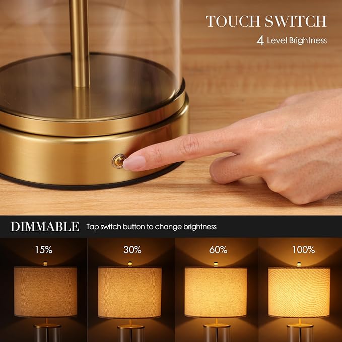 O’Bright Luma - Battery Powered Table Lamp, Cordless Glass Bedside Lamp with Rechargeable 10,000mAh Battery, Full Size 24 Inch Height, Touch Dimmer, Type-C Charging, Clear Glass Design, Antique Brass