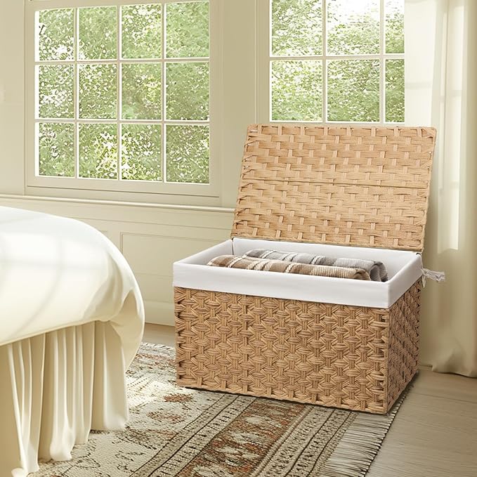 Wicker Storage Basket with Lid, 52.8 Gallon (200L) Large Blanket Basket with Lid, Woven Storage Bin with Handles, Removable Liner, Metal Frame, Foldable, for Bedroom, Laundry Room, Natural