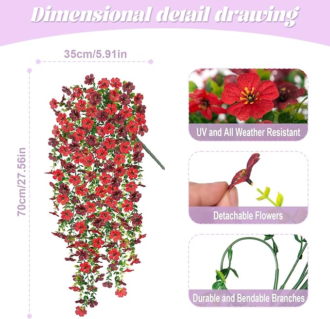 Hrobek Artificial Fake Hanging Plants Flowers for Spring Outdoor Outside Decor, Faux Mums Silk Realistic Flower, 2 Pcs UV Resistant Look Real Plastic Decorations for Porch Home Patio Balcony Yard