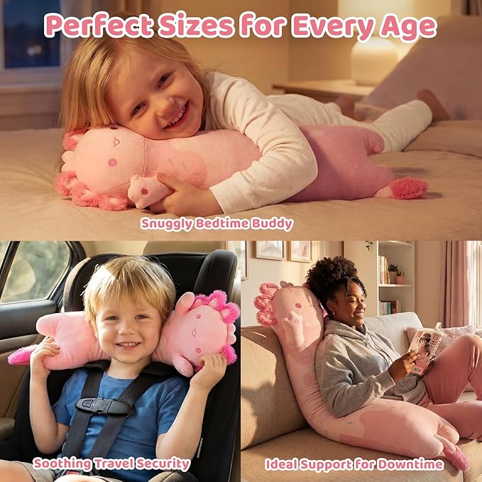 Mewaii Long Axolotl Plush 5 Sizes, 120% Extra Filling Giant Plushness Kids Body Pillow, Kawaii Cute Pink Axolotl Stuffed Animals Plushies, Big Long Body Pillow Cat Plush Gift for Girls 44”