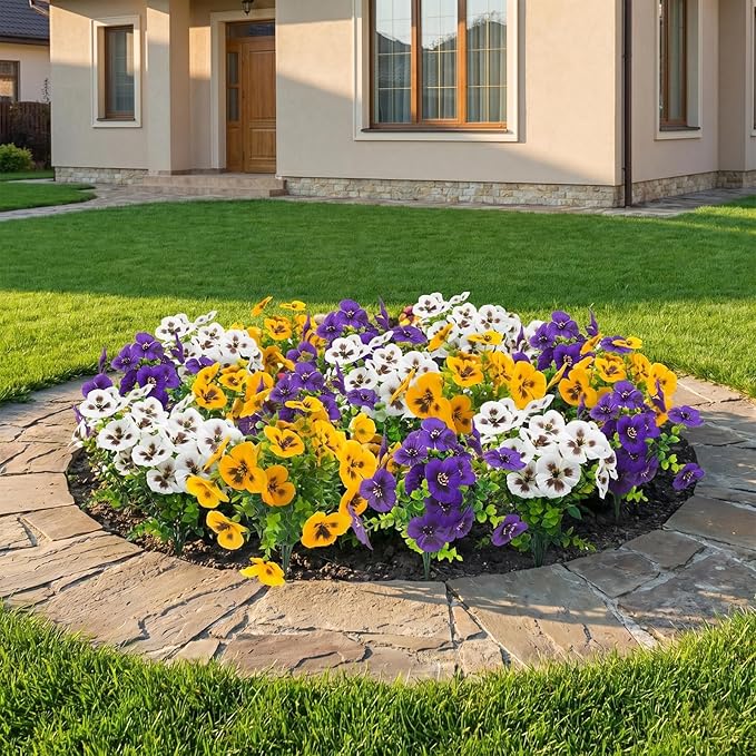 Rowfad 36 Pcs Artificial Fake Pansy Flowers for Outdoor, Faux Silk Pansies Spring Flowers for Outside for Planter Front Door Porch Yard Patio Window Box Home Decor (36, Purple, Yellow, White)