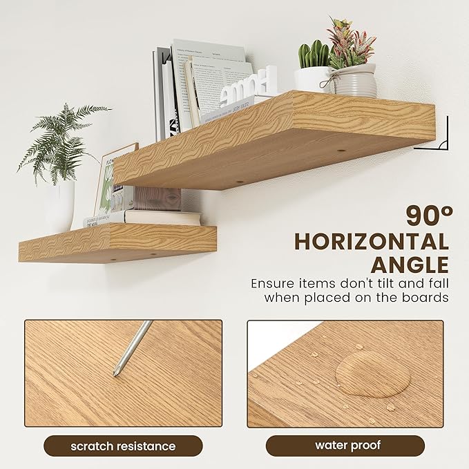 FLYJOE 36''x 12'' x 2'' Oak Floating Shelves Set of 2, 12 Inch Deep Oak Shelves for Wall, 36 Inches Long Rustic Farmhouse Style Shelves, Includes Metal Brackets & Hardware, 45Lbs Load Capacity