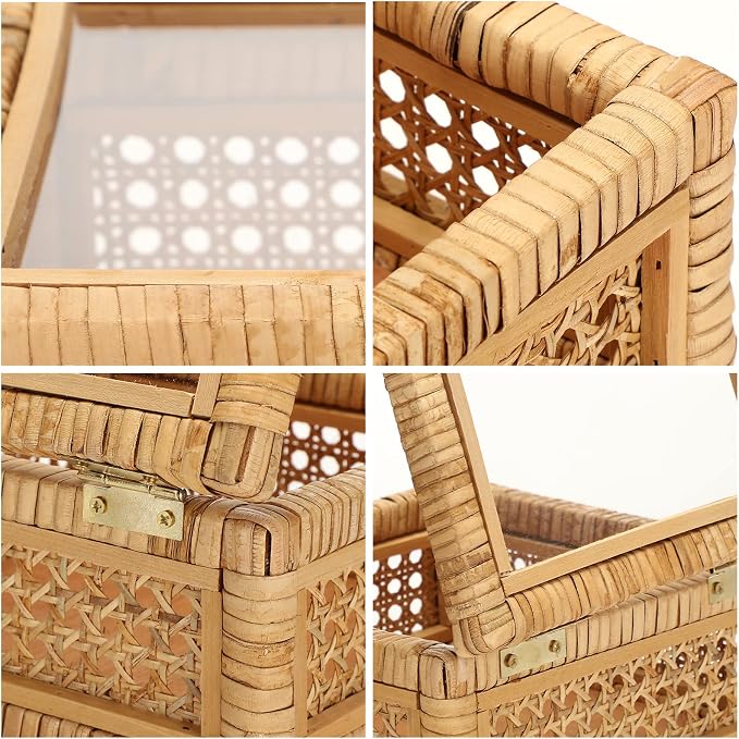 Amyhill Set of 2 Rattan Decorative Box with Glass Lid Rectangular Natural Woven Cane Stacking Display Boxes for Home Decor Rustic Shelf Organizer(15.4 x 9.5 x 7.1 Inch, 12.6 x 6.7 x 4.3 Inch)