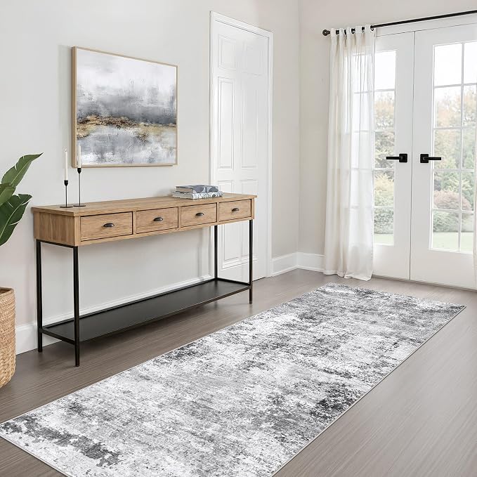 Runner Rug Non-Slip Kitchen Rug: 3x10 Washable Abstract Modern Soft Stain Resistant Indoor Floor Neutral Accent Throw Carpet for Hallway Bathroom Laundry Room Bedroom Entryway- Black Gray