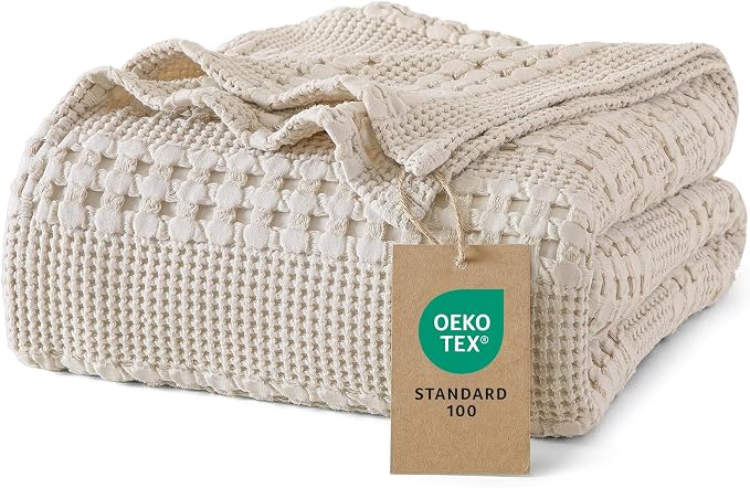PHF 100% Cotton Waffle Blanket Queen Size for Bed, Lightweight Breathable and Soft for Summer, Luxury Aesthetic Waffle Weave Blanket for Home Decor & Gifts for Women, 90"x90", Light Taupe/Oatmeal