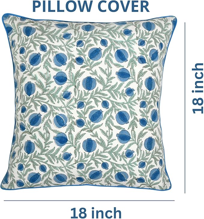 Ridhi Block Print Queen Blue Pillow Cover 18" x 18" (Pack of 2) Decorative Couch Pillows for Living Room, Chic Boho Cute Outdoor Pillows Covers Gifts for Spring, Easter and Valentine