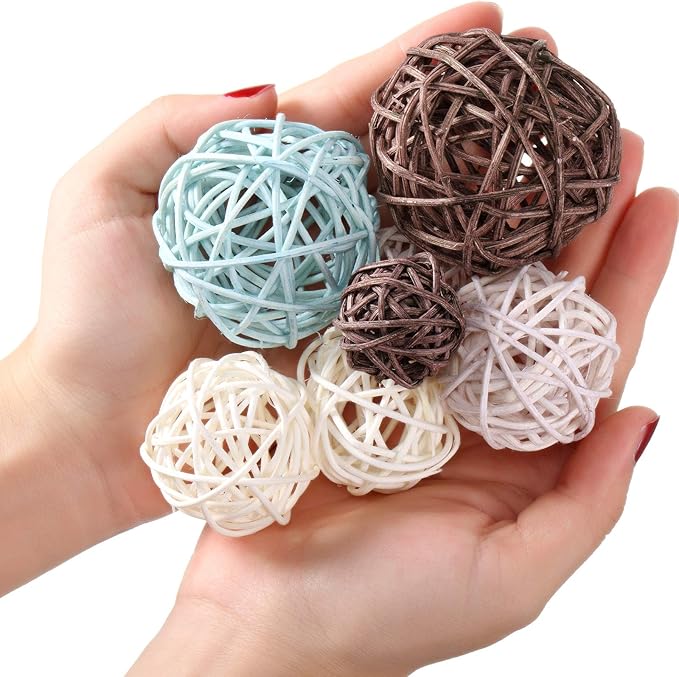 Patelai 36 Pcs Wicker Rattan Balls Decorative Balls for Vase Centerpiece Bowls Orbs Filler for Home Decor,4 Sizes(Blue, Brown, Dark Brown, White)