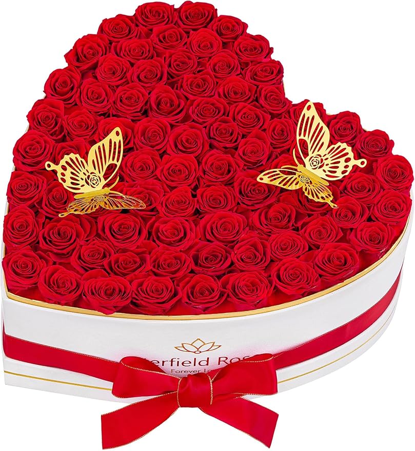 Eterfield 77 Forever Flowers in Heart Shape Box, Preserved Roses That Last a Year Preserved Flowers Birthday Gifts for Her Mom Women Wife Anniversary Valentines Day Mothers Day Christmas, Red