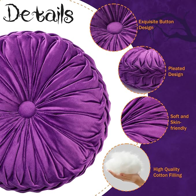 Beeveer 2 Pcs Round Throw Pillows 15 Inch Decorative Velvet Pleated Pumpkin Pillows Boho Floor Pillow with Center Button for Living Room Couch Chair Bed Sofa Home Decoration (Black and Purple)
