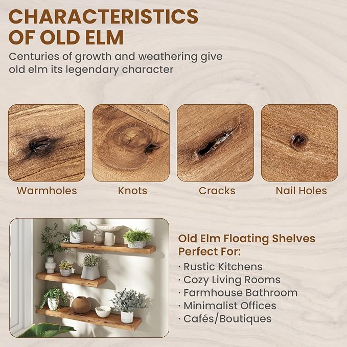 Live Edge Elm Wood Floating Shelves, 40 Inch Long Wall Shelves 1 Pack Shelf for Farmhouse Bedroom Bathroom Kitchen, Wall Mounted Wooden Shelf with Invisible Bracket for Books Decor, Natural