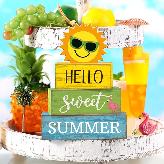 Yuntau 4 Pcs Summer Wooden Tabletop Decor Hello Sweet Summer Tiered Tray Decor Sunshine Centerpiece Rustic Summertime Decorative Block Signs Gift Farmhouse Table Decoration for Home Kitchen