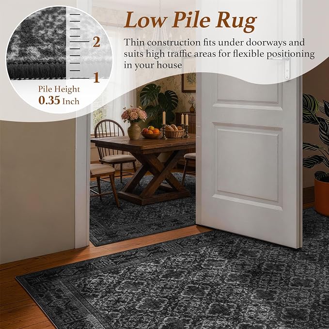 LIANLAM 8x10 Washable Area Rug, Vintage Boho Traditional Pattern, Non-Slip Stain Resistant Rug for Living Room Bedroom(8x10,Black/Boho)