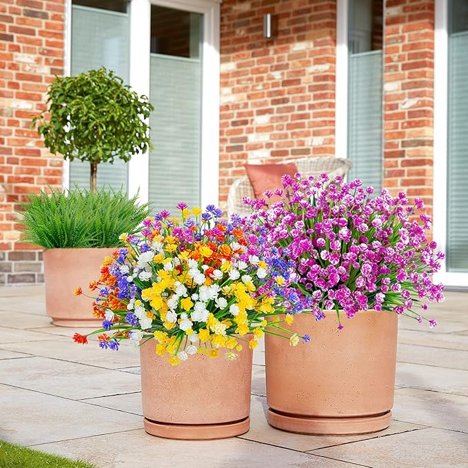 Ouddy Decor 12 Bundles Artificial Flowers for Outdoors UV Resistant Fake Plastic Plants Faux Boston Fern Greenery Stems for Spring Summer Indoor Garden Patio Window Box Kitchen Home Decor, Mixedcolor