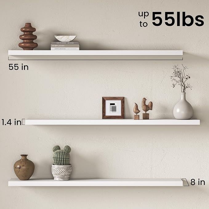 Fun Memories 55 Inch Long Floating Shelves for Wall, 8" Deep Floating Shelves for Bathroom Living Room Bedroom, Rustic Wall Mounted Shelf with Invisible Heavy-Duty Bracket, Set of 2, White