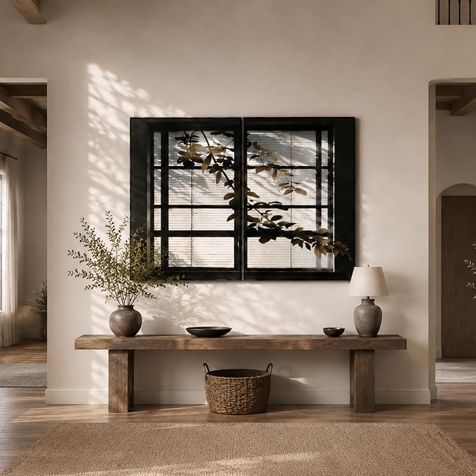 CCPEAR Large Framed Neutral Abstract Wall Art for Living Room, Set of 2 Botanical Window Shadow Wall Art, Black and White Leaf Silhouette Canvas Print, Minimalist Modern Wall Decor for Living Room Bedroom, 32x48 Inch