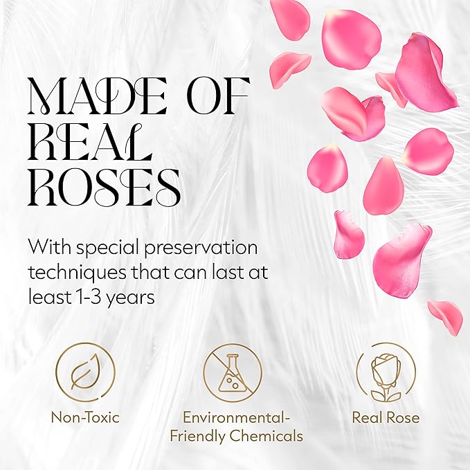 GLAMOUR BOUTIQUE Flower Forever Gift Box, 12 Real Preserved Roses in Round Velvet White Box, Handmade Floral Gift with Rose Petals for Birthday, Anniversary or Graduation, Pink (Color-Treated)