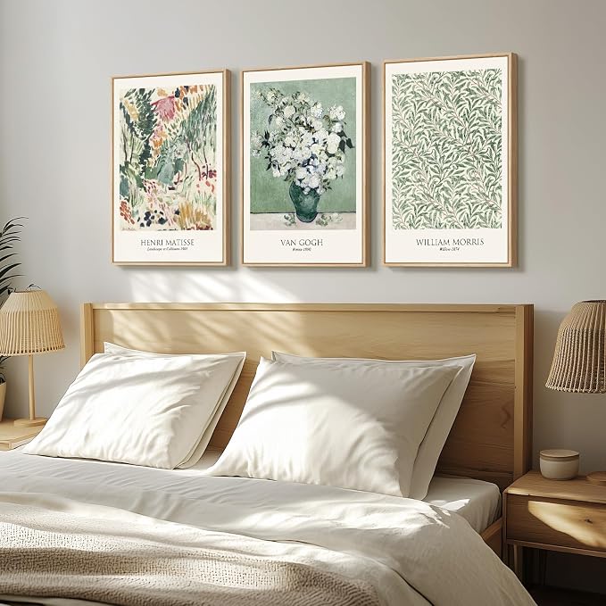Framed Large Van Gogh Wall Art for Living Room, 3 Pieces Vintage Sage Green Canvas Painting Artwork for Walls, Botanical Wall Art Prints for Bedroom, Guest Room, Hallway, Home Office Wall Decor, 16x24 Inch