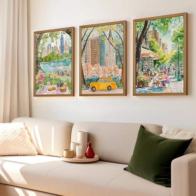 Watercolor New York City Wall Art Nyc Canvas Poster Travel Wall Decor Nyc Painting Central Park Picture New York Landmarks Artwork for Bedroom Living Room 12x16x3 Inch Wood Framed