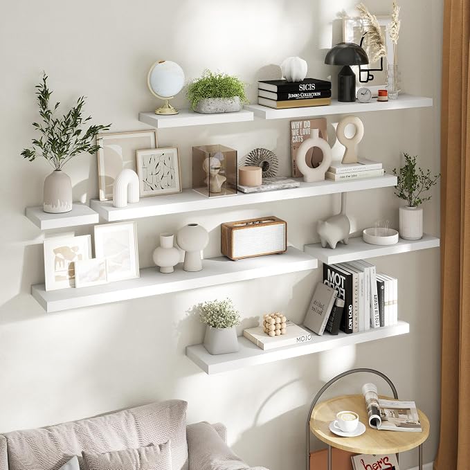 32 Inch Floating Shelves for Wall Set of 2, 8"D Wood Grain Bathroom Shelves with Invisible Brackets, Easy Install Engineered Wood Storage Shelves for Kitchen, Living Room, Bedroom, White Finish