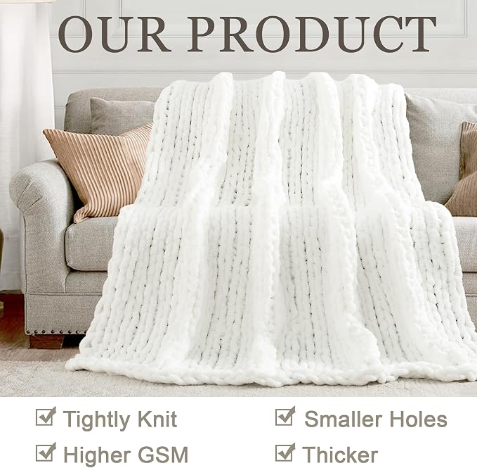 Chunky Knit Throw Blanket 50x60, 100% Handmade Chenille Yarn | 4.4lbs Soft Thick Cable Knitted Blankets, Large Rope Knot Crochet Throws for Couch Sofa Bed Machine Washable, Snow White