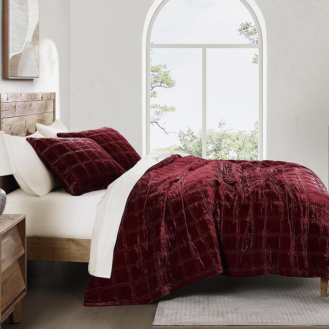 HiEnd Accent Stella Faux Silk Velvet Double Box Stitch 3 Piece Quilt Set, King Size, Garnet Red Solid Color, Classic Chic Modern Rustic Elegant Bedding Set, Lightweight Bed Set