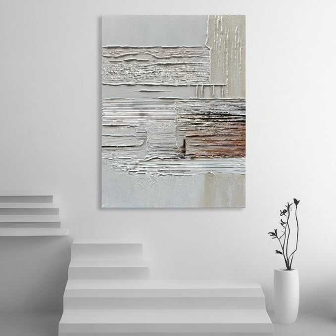 Hand-Painted Thick Texture Art Oil Painting in White and tan Abstract Art Painter House Wall Deco Art 40x28 inches