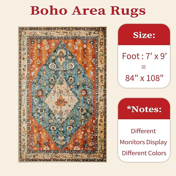 SERISSA 7x9 Area Rugs for Living Room, Large Washable Non-Slip Boho Rug, Ultra Soft Vintage Oriental Tribal Print Distressed Carpet for Dining Room Bedroom Dorm Office Home Decor