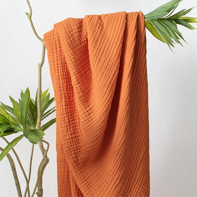 Carriediosa 100% Cotton Muslin Throw Blanket 90" X 90" Queen Size，4-Layers Summer Gauze Throws for Bed Couch，Soft Lightweight Breathable Linen Blankets Bedspread for Adults All Season，Orange