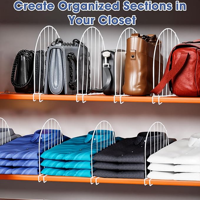 Closet Organizers and Storage, 8 Pack 12'' Extra Tall Shelf Dividers, Metal Closet Dividers Shelf Organizer for Wood Shelves, Linen Closet Organization Separators for Purse Handbag Sweater Clothes