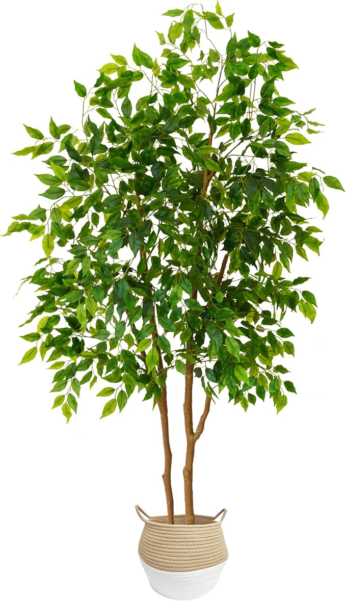 Warmplants Artificial Ficus Tree, 6ft Tall Fake Ficus Tree with Basket, Faux Plant for Indoor Outdoor Home Livingroom Office Garden Porch Décor