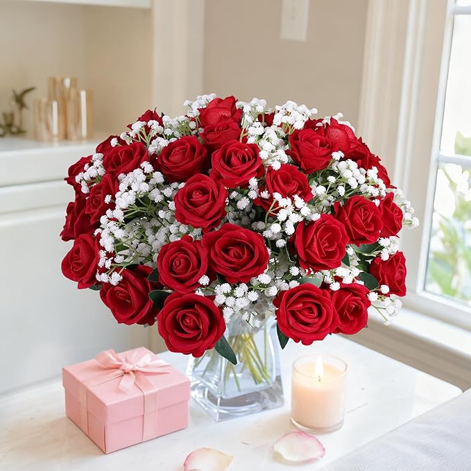HyeFlora 35 PCS Artificial Red Roses with 15 PCS Fake Baby Breath Realistic Fake Flowers Bouquet with Long Stem for DIY Wedding Party Home Decoration Vase Tables Centerpieces Arrangements Gift for Her