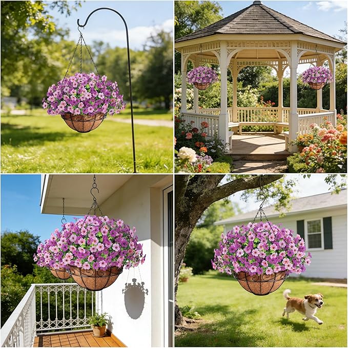 Artificial Fake Hanging Flowers Plants Basket Outdoors, Faux Silk UV Resistant Look Real Daisy Eucalyptus for Spring Summer Garden Porch Home Patio Balcony Yard Decorations, Pink Purple
