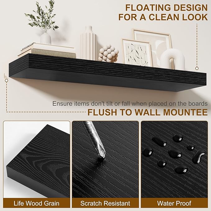 Fun Memories 30Inch Floating Shelves for Wall, 2 Pack Rustic Wood Shelves for Bathroom|Kitchen Wall Mounted Floating Shelf with Invisible Brackets for Books|Storage|Decor,Black