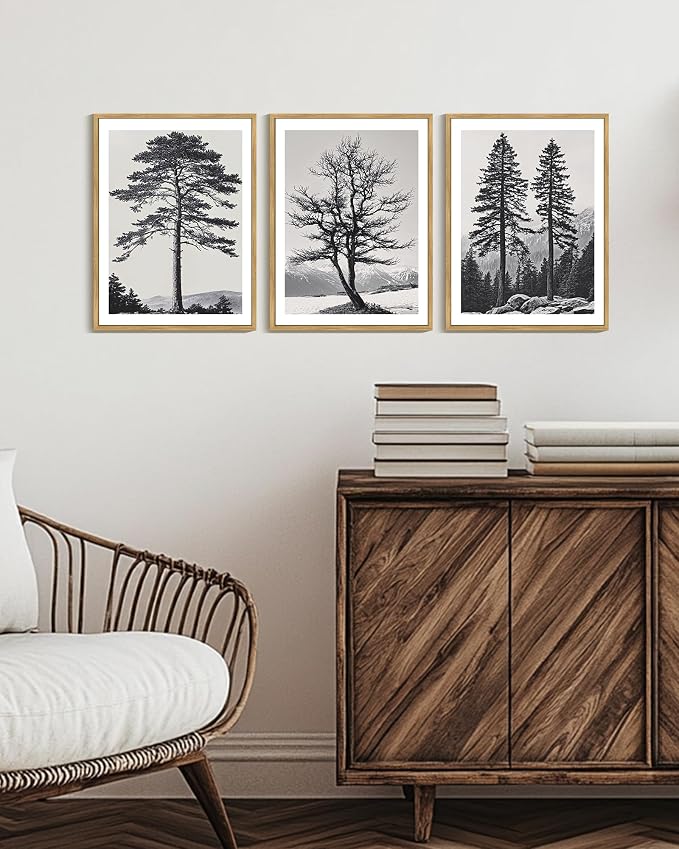 PHOPAGO Vintage Antique Tree Framed Wall Art Black and White Retro Forest Wall Decor Nature Wilderness Sketch Paints Modern Decor - 12x16in Natural Framed
