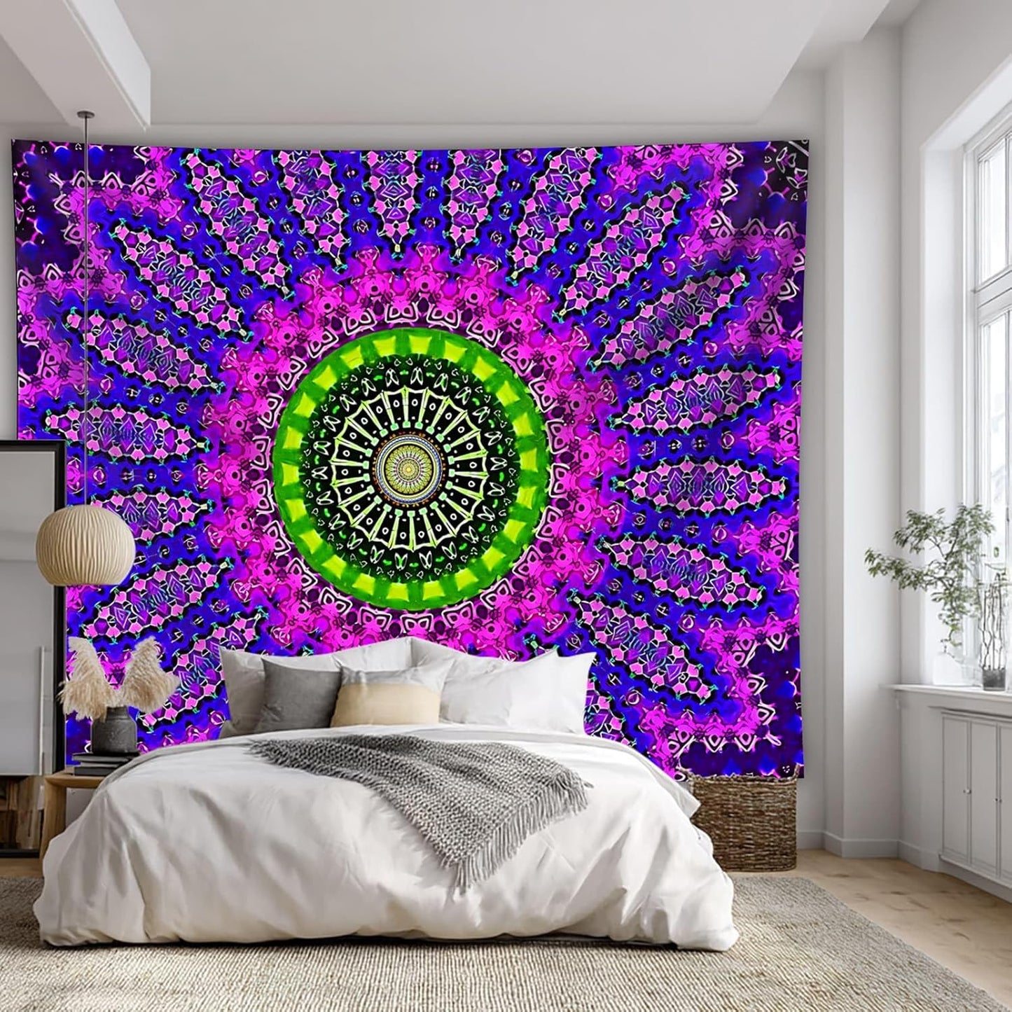 Blacklight Mandala Tapestry for Bedroom, Medium Black Light Posters for Adults and Teens, Red UV Reactive Aesthetic Bohemian Wall Art Decor (60 x 50 Inches)