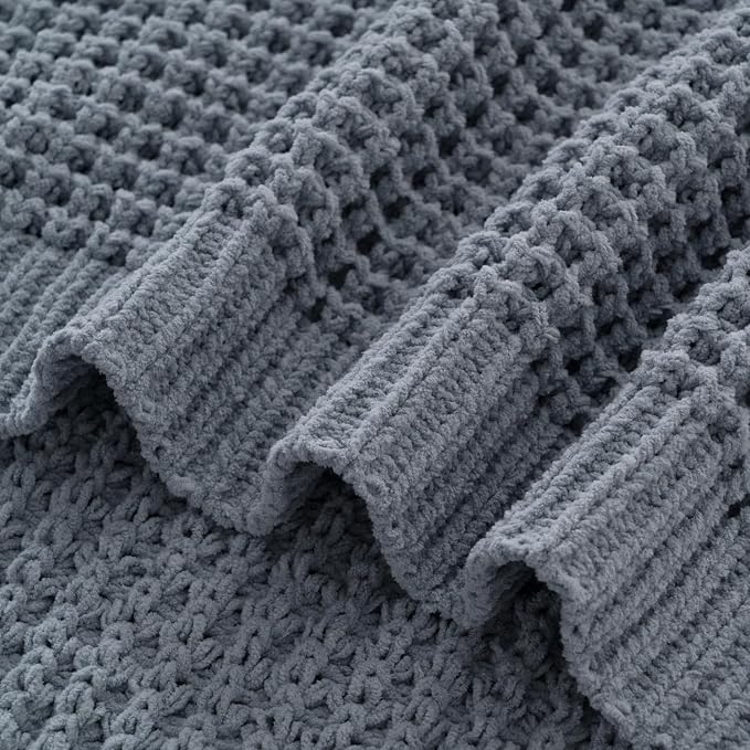 Bunnikins & Clover Blue Grey Throw Blanket for Couch, Thick Warm Soft Cozy Knitted Chenille Throw Blanket for Sofa, Bed, Living Room, 50"x60"
