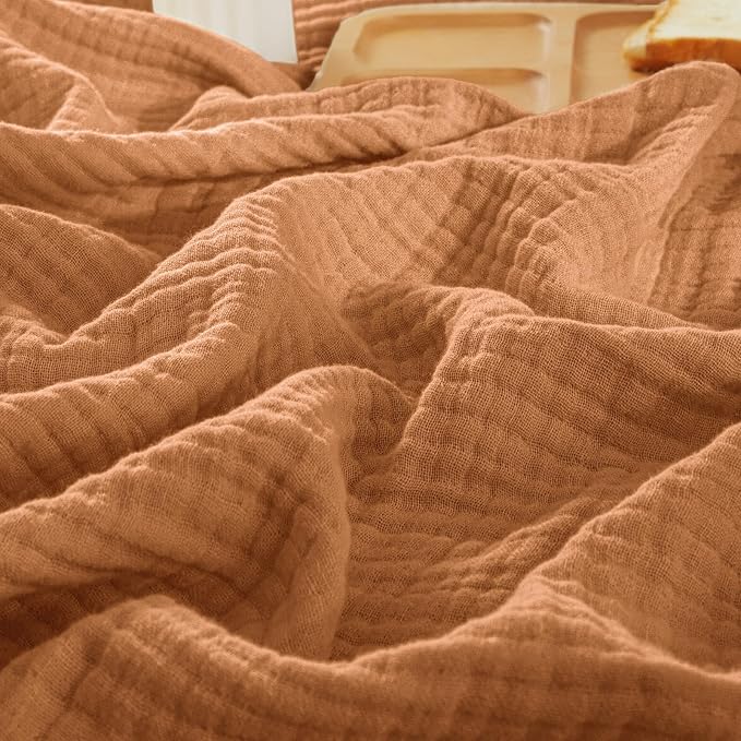 PHF 100% Cotton Muslin Blanket Queen Size 90"x90", 4-Layer Lightweight Gauze Throw, Breathable Cloud-Soft Minimalist Blanket for Bed, Couch, Camping, Caramel, Ideal Gift