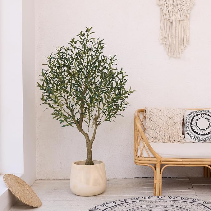 Artificial Olive Tree 5FT Fake Plants Indoor - UV Resistant Faux Olive Tree in Black Pot, Outdoor Tall Faux Silk Tree - Fake Trees for Modern Home Decor,Living Room, Office, Patio, Balcony, VN154