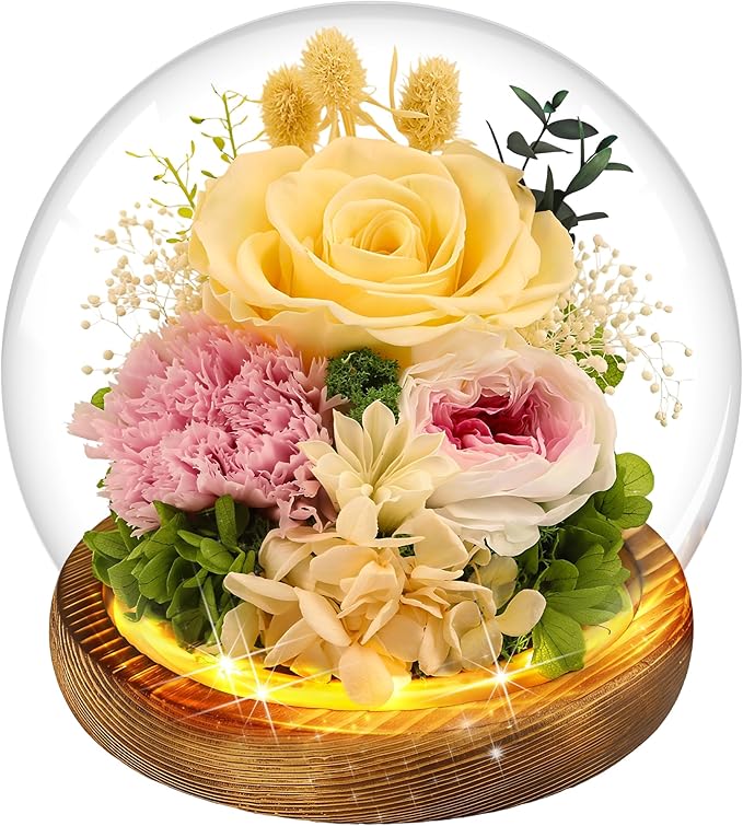 MOKOQI Yellow Rose Birthday Gifts for Women | Mothers Day Gifts for Mom Grandma - Preserved Real Rose in Glass Dome with LED Strip | Fresh Flowers for Delivery on Birthday