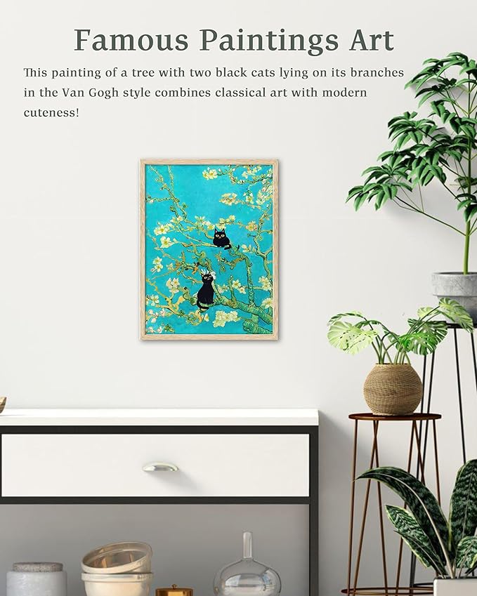 UPWOIGH Van Gogh Inspired Almond Blossom Wall Art with Black Cats, Blue Floral Canvas Print, Beige Oak Wood Framed 12x16 Inch Deco