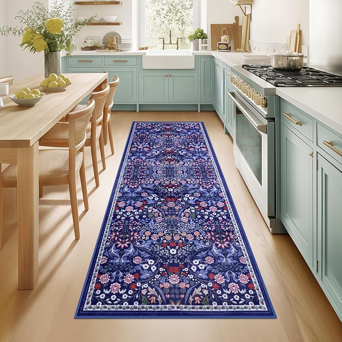 Runner Rug for Entryway: 2x5 Kitchen Rugs Non Slip Washable Ultra-Thin Soft Floral Carpet Indoor Floor Stain Resistant Carpets for Hallway Bedroom Kitchen Laundry Bathroom Dorm Blue