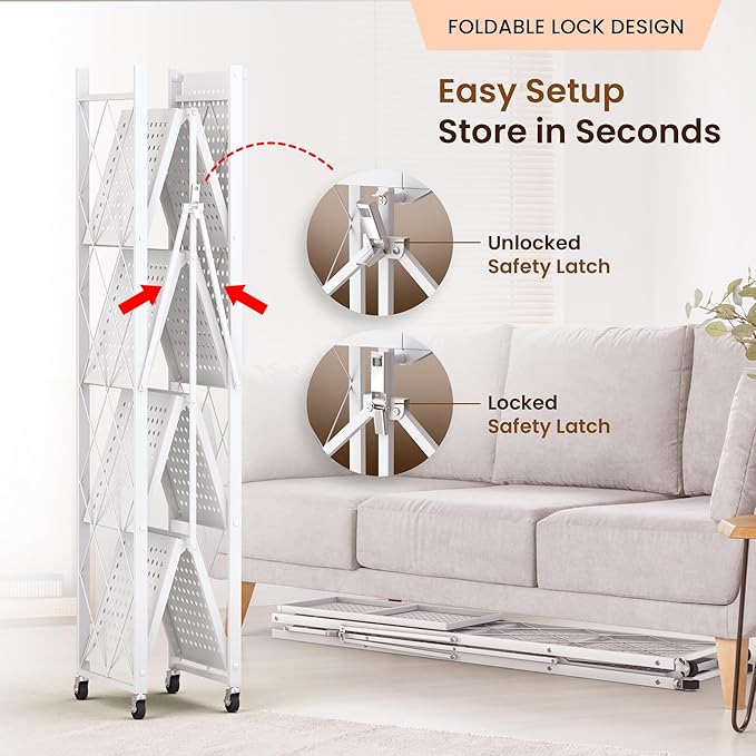 Our Modern Space 5-Tier Foldable Storage Shelf with Wheels | Metal Rack Collapsible Shelving Display | Rolling Cart for Books Kitchen Storage Shelves | Pantry & Closet Organizer | Office Room Decor
