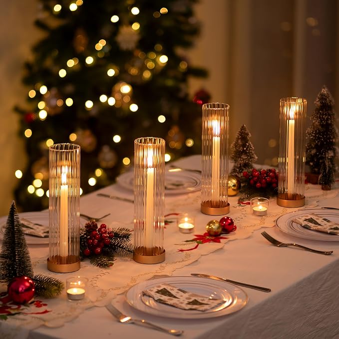 Hewory Hurricane Glass Candle Holders: Set of 8 Gold Candlestick Holders with 11" Tall Clear Cylinder Hurricane Cover, Taper Candle Holder for Wedding Table Centerpiece Party Christmas Home Decor
