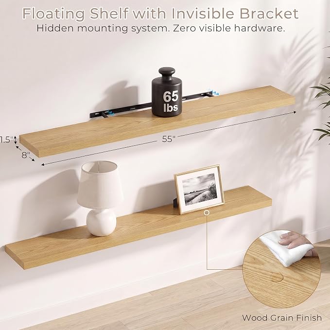 Vivelove Wall Floating Shelves for Display with Invisible Brackets, Long Large Floating Shelves Under TV Over Fireplace Bedroom Living Room Office, 55”X 8”X 1.4", Set of 2 - Oak