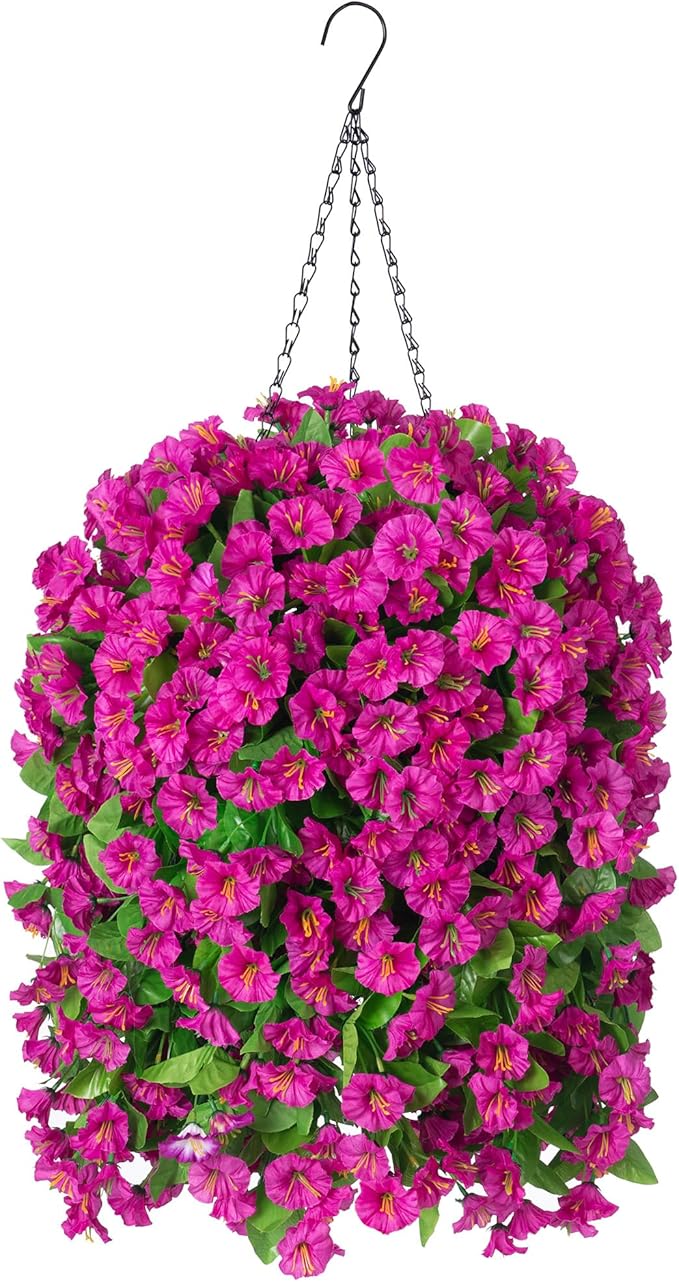 Ammyoo Artificial Faux Hanging Flowers Basket for Spring Summer Outdoor Porch Decoration, Fake Silk Colorful Morning Glory Eucalyptus in Planter UV Resistant for Home Balcony Yard(Red Purple)
