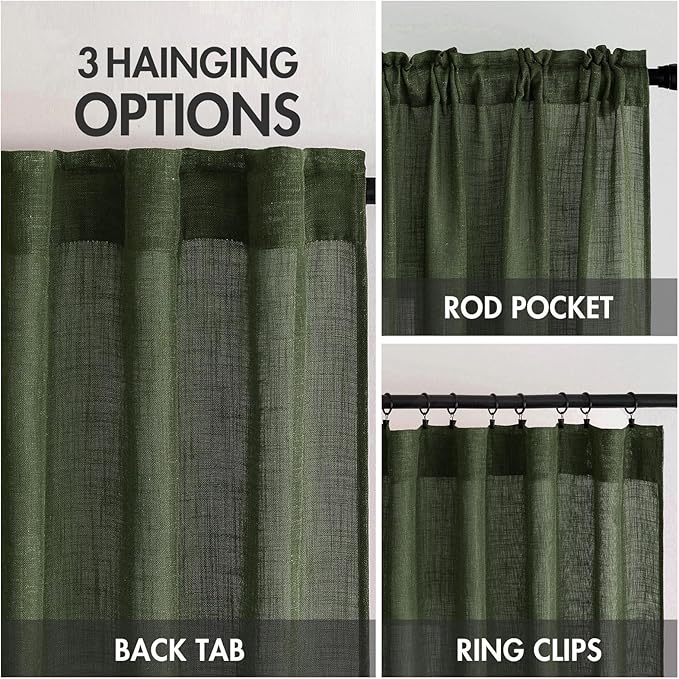MIULEE Olive Green Linen Curtains 120 Inches Long for Bedroom Living Room, Soft Thick Linen Textured Window Drapes Semi Sheer Light Filtering Back Tab Rod Pocket Burlap Look, 2 Panels